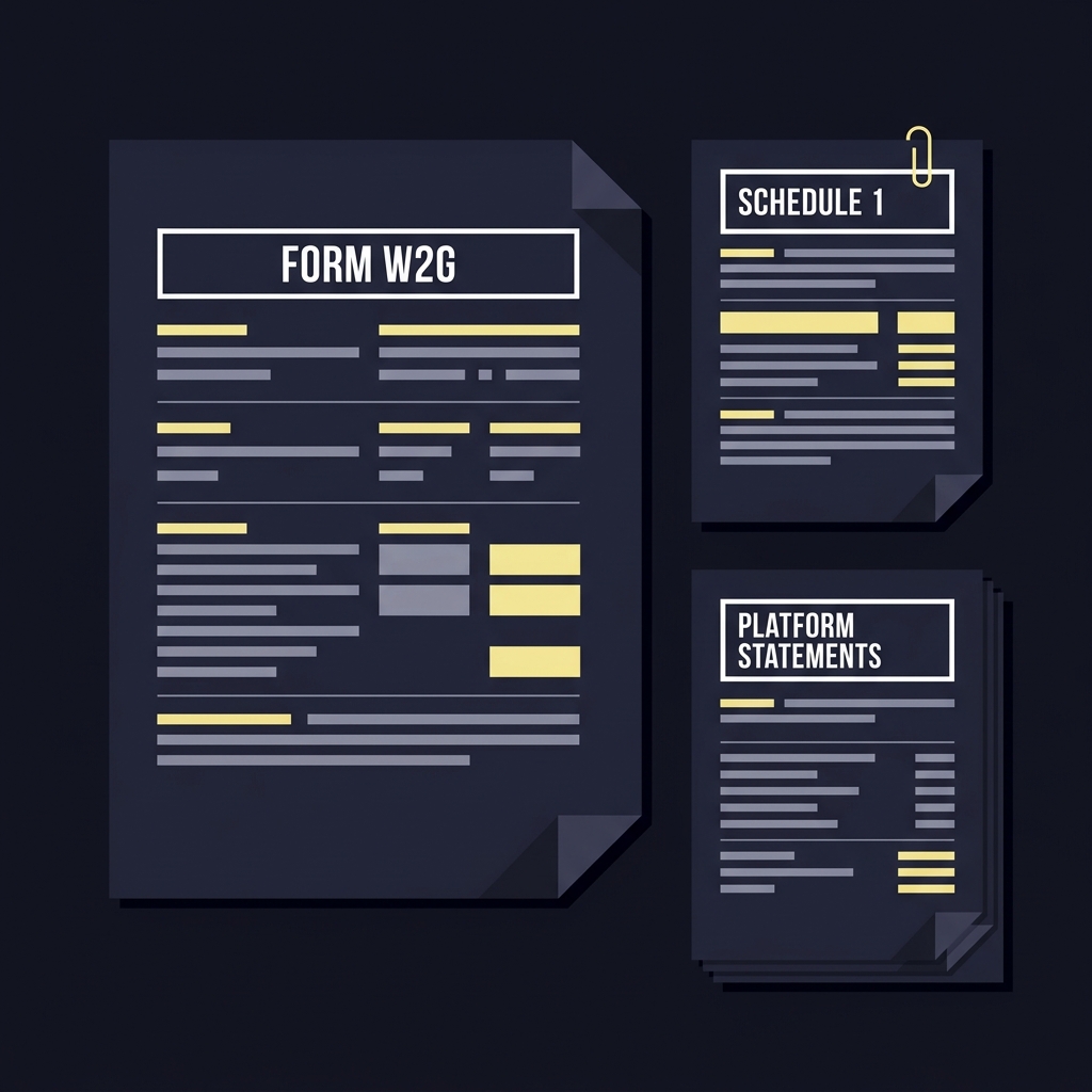 Minimal 2D vector flat lay of tax form pages and platform statements in Funded Plays palette representing filing after you legally bet on sports online no readable text
