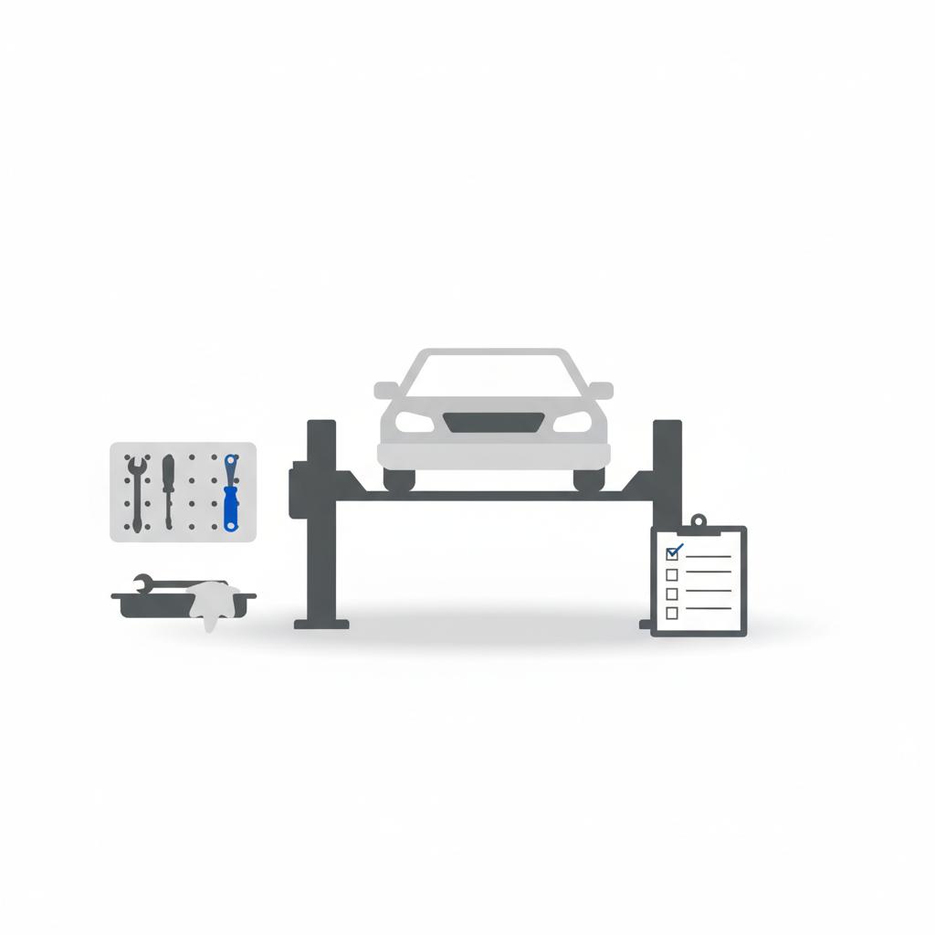 Minimalist 2D vector garage with a mid sized sedan on a hoist tools and a clipboard in foreground blue accents in CarFax Deals style Kelley Blue Book vs NADA