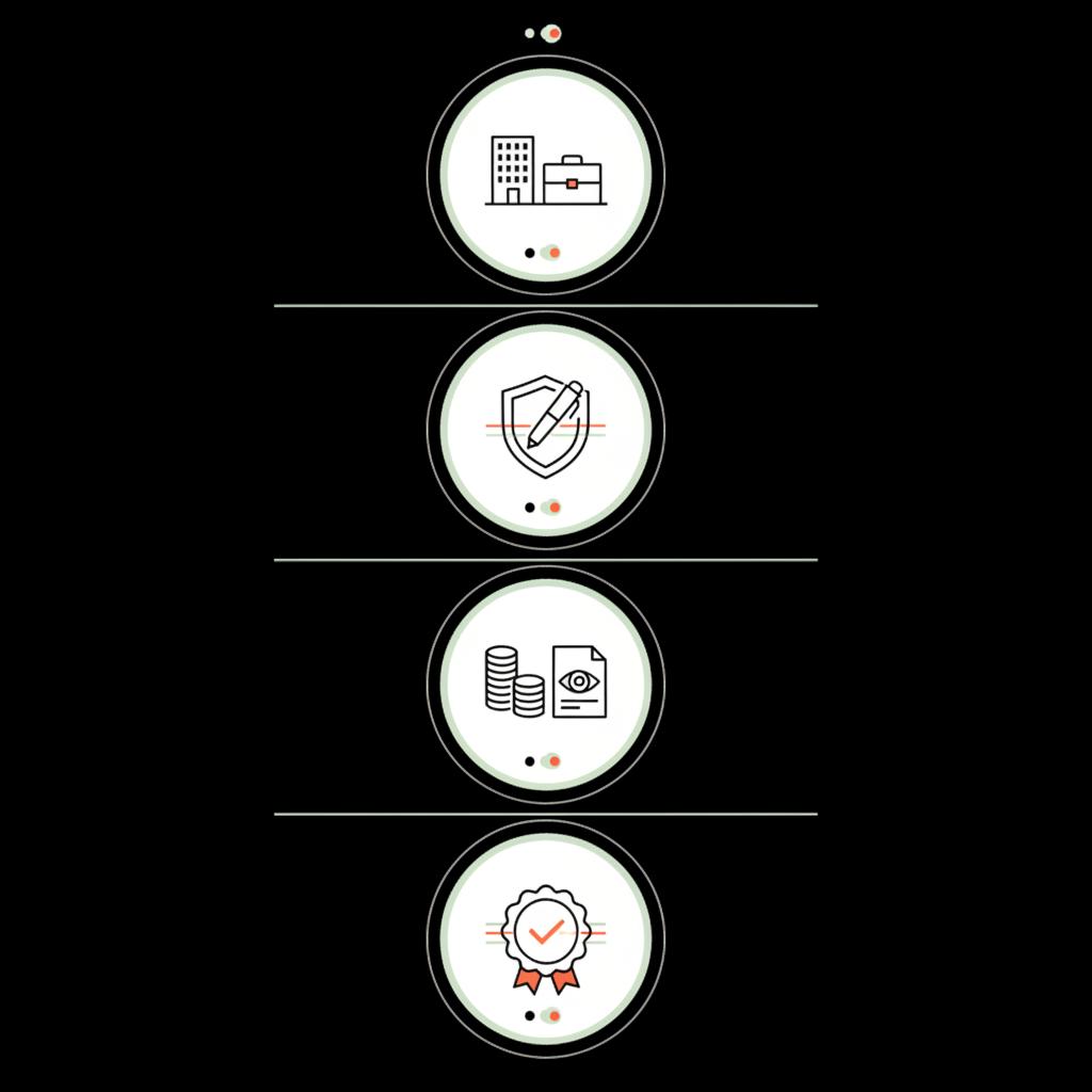 Is Forbes a Chinese company — minimalist vector checklist infographic with five icons for ownership, editorial independence, funding transparency, sourcing, and credibility on black background