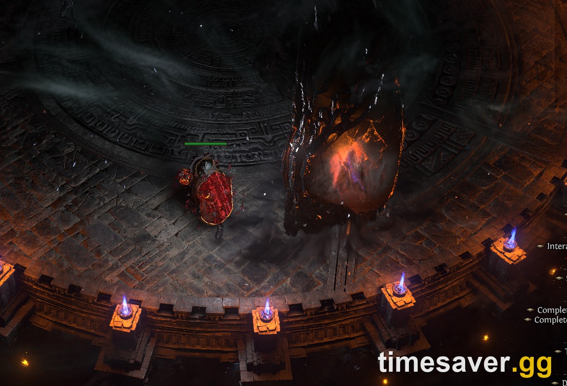 PoE2 Delirium Grand Mirror — the glowing red object that spawns after you clear a fogged map's boss; interacting with it opens the "Select 1 Map" Atlas prompt