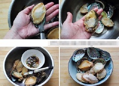Bào ngư rửa sạch, sau đó dùng bàn chải đánh răng tách lần lượt hai bên mép bào ngư cho long ra khỏi vỏ. Sau đó bạn có thể dùng tách và đẩy chúng ra nhẹ nhàng thế này. Dùng dao tách bào ngư ra khỏi vỏ và chuẩn bị gia vị để tẩm ướp. Bát gia vị gồm có xì dầu, đường, mì chính. Nếu ai thích ăn cay có thể cho thêm ít mù tạt.