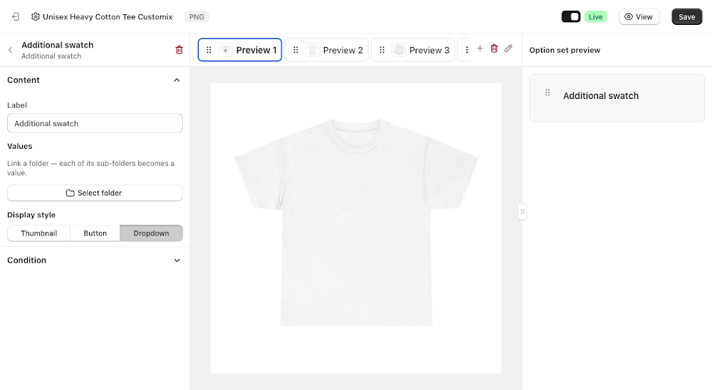 Content panel with Label field, Values section, and Select folder button