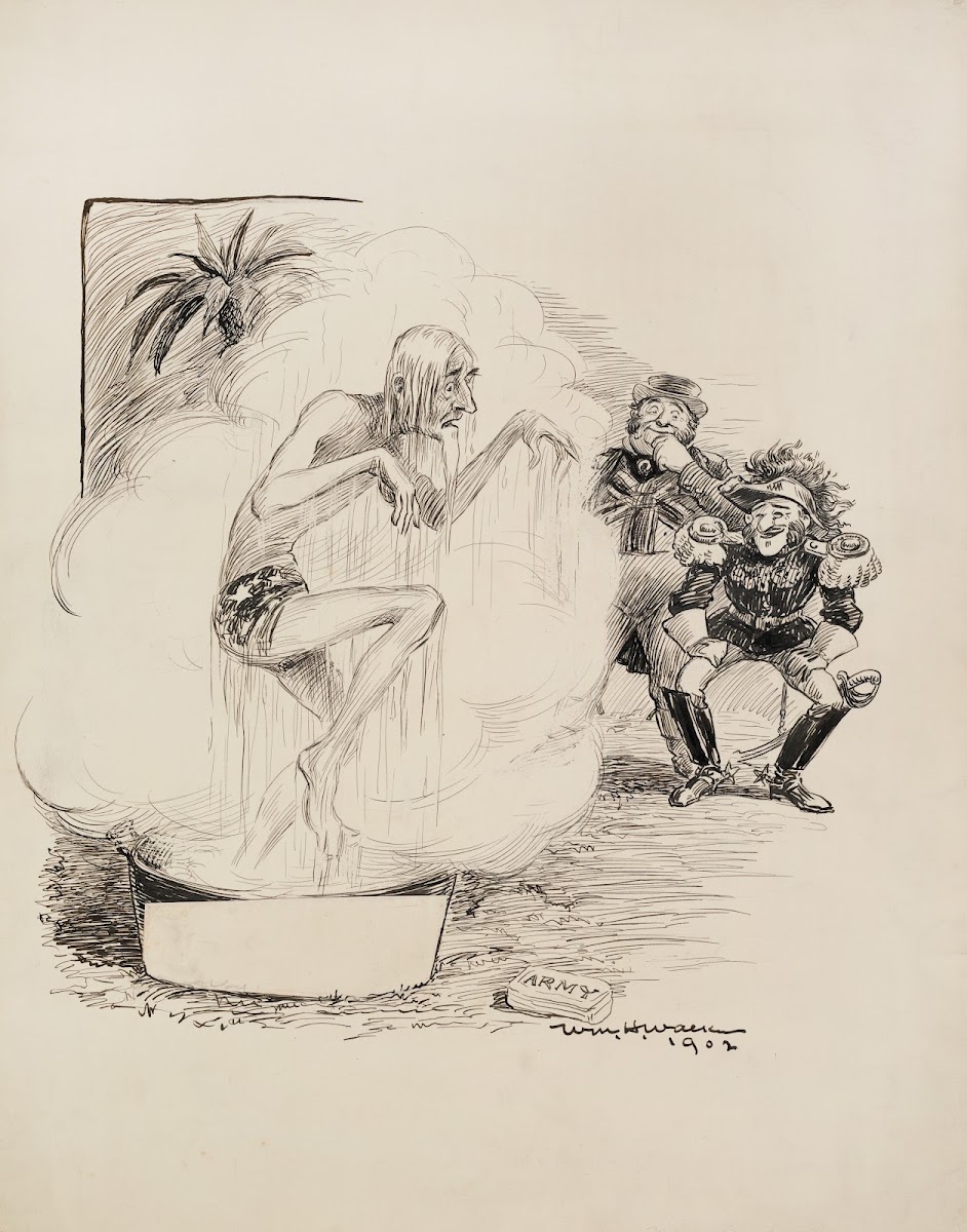 Uncle Sam soaking wet in a wash tub with a bar of army soap 1902