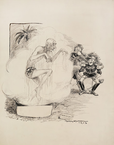 Uncle Sam soaking wet in a wash tub with a bar of army soap 1902
