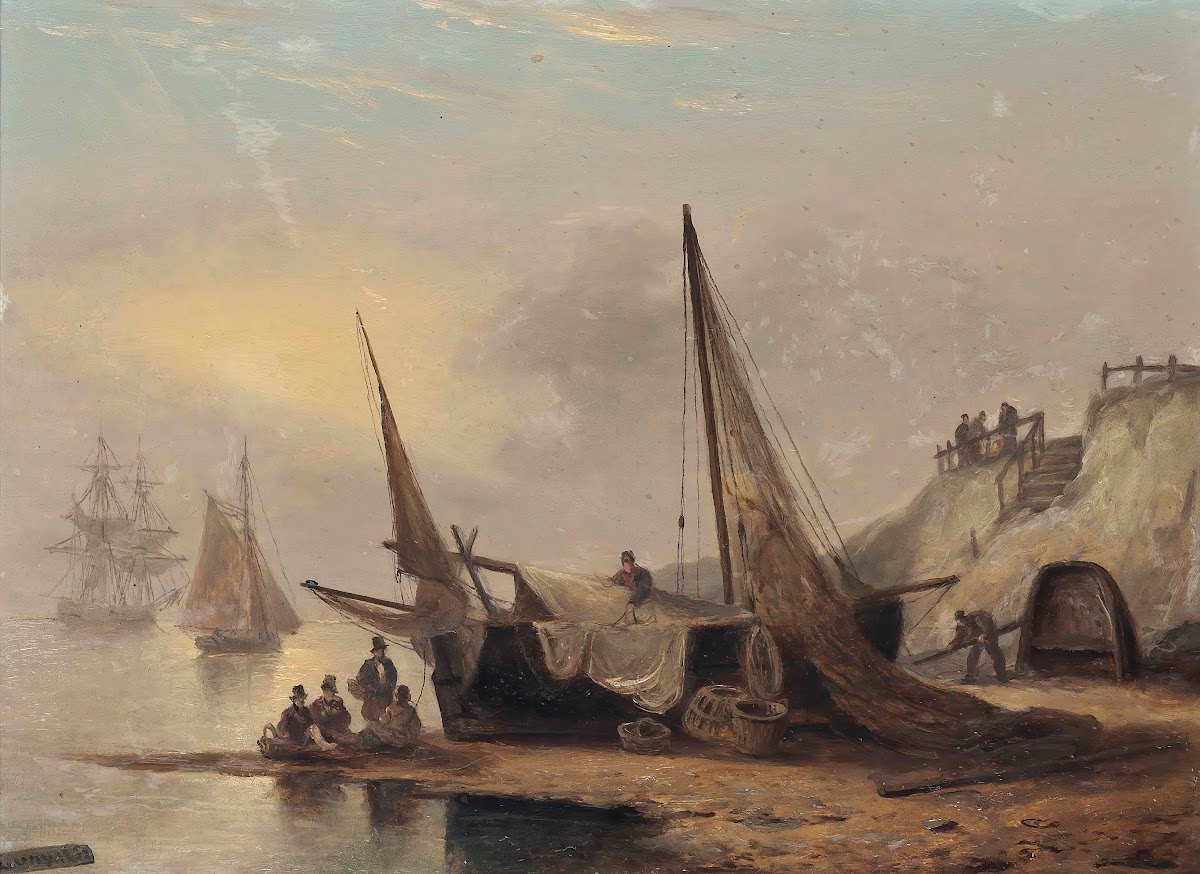 Fishermen Sitting By Their Boat Low Tide Devon 1832