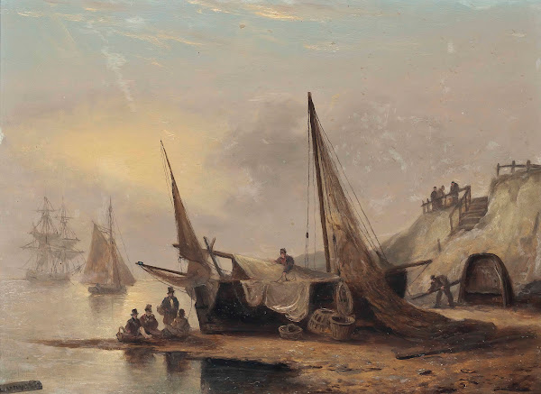 Fishermen Sitting By Their Boat Low Tide Devon 1832
