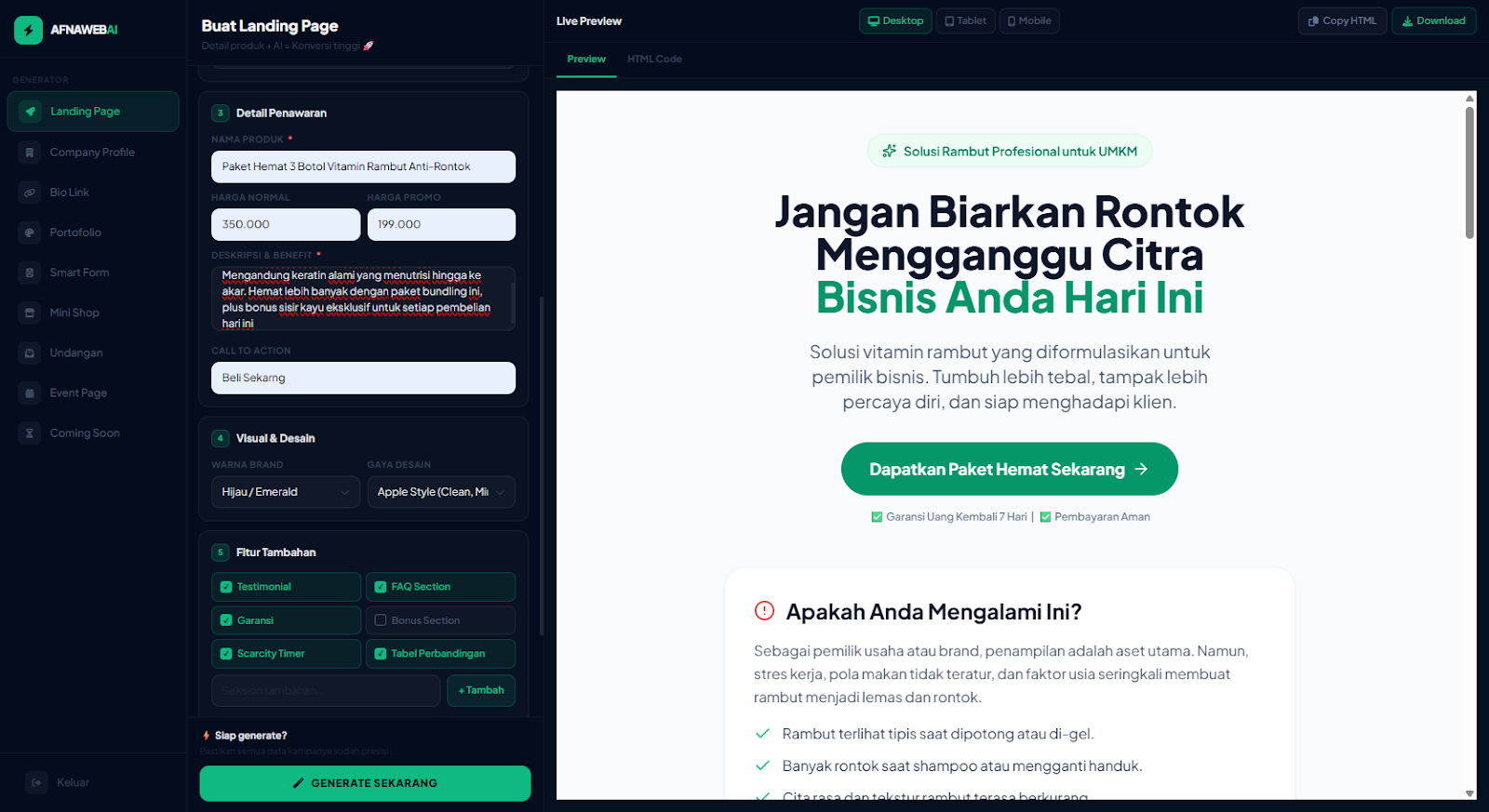 AfnawebAI Generator Interface