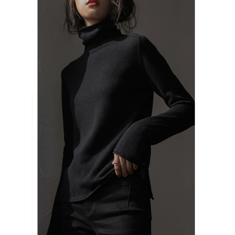 Women's wool sweater, stand-up collar, loose fit with slit