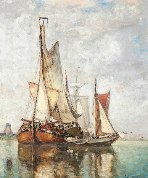 Barges Moored Before A Windmill