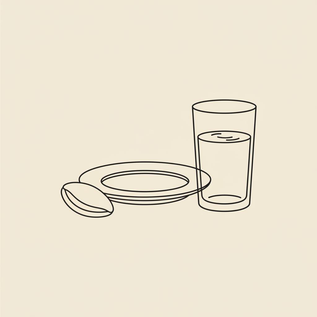 Minimal Tonum-style line illustration of a plate, glass of water and a psyllium seed suggesting measured eating and hydration — does fiber suppress your appetite