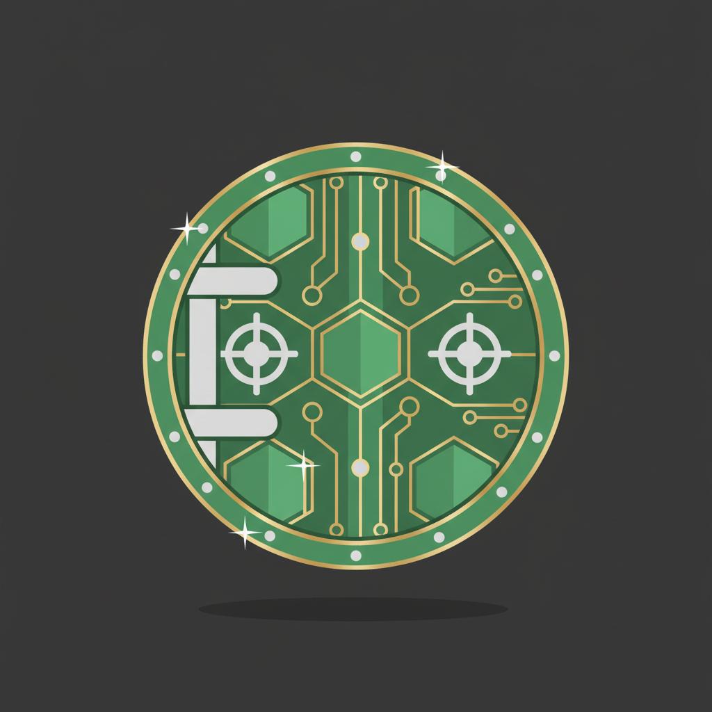 Minimal 2D vector illustration of a secure vault door with blockchain inspired geometric patterns in green and gold accents representing crypto trading security
