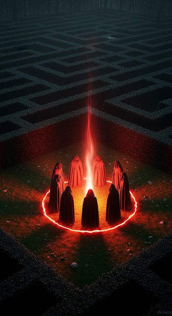 Overhead View of Cloaked Figures in Hedge Maze Ritual with Red Light Glow