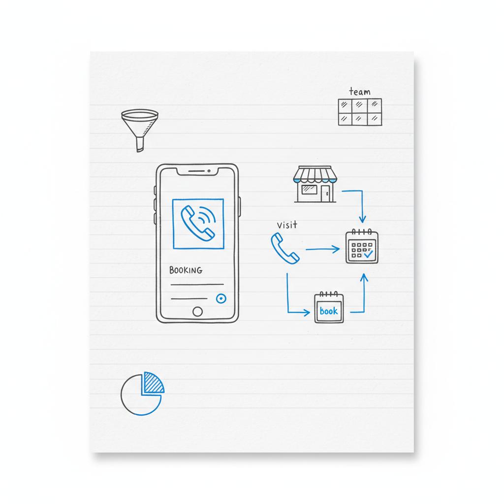 Notebook-style sketch of conversion-focused website elements (mobile click-to-call, short booking form, icons and arrows showing visit → call → book) for dental marketing agencies
