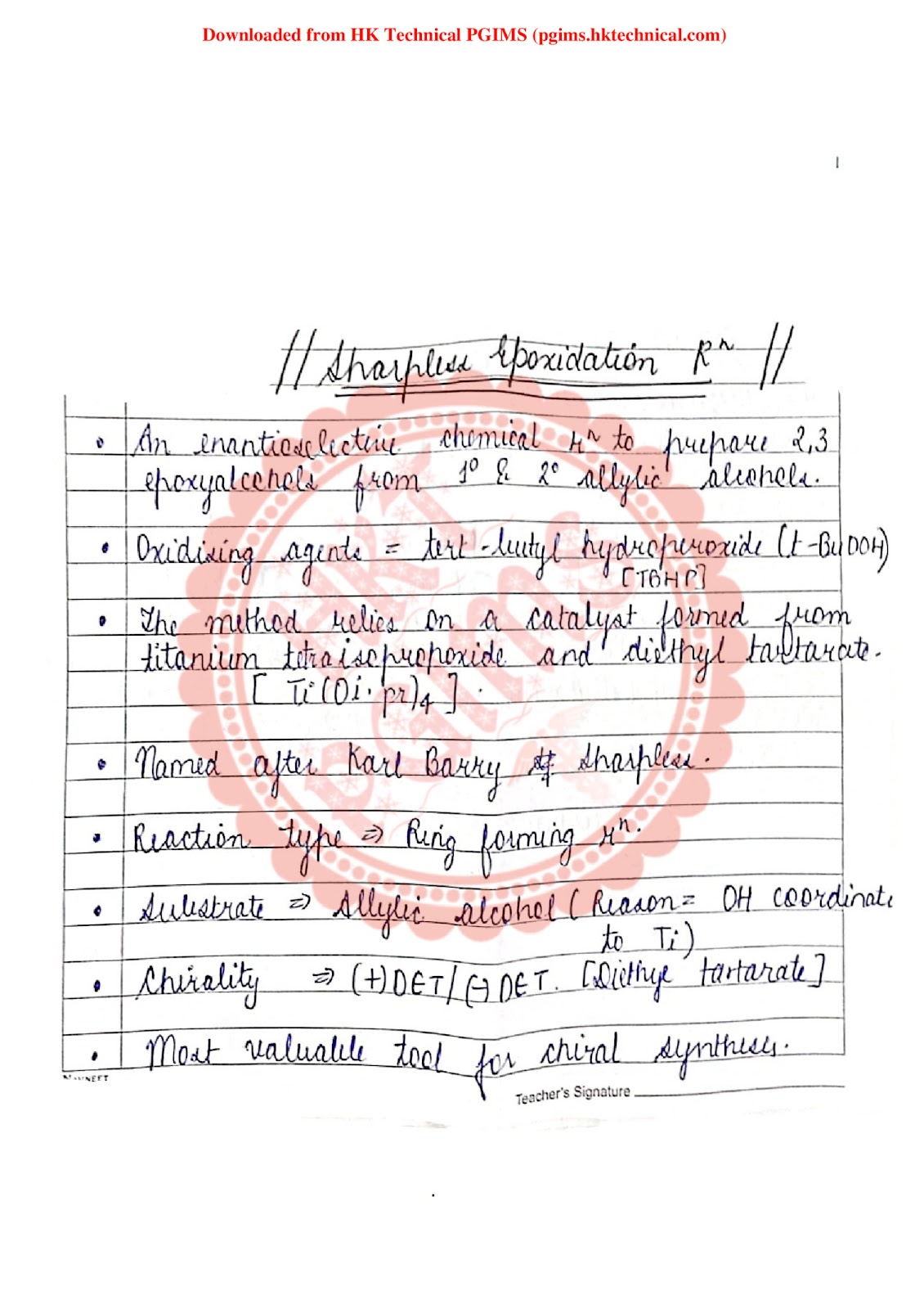 Sharpless epoxidation  1st Semester M.Pharmacy ,,Handwritten Notes,Important Exam Notes,MPharmacy,MPharmacy 1st Semester,