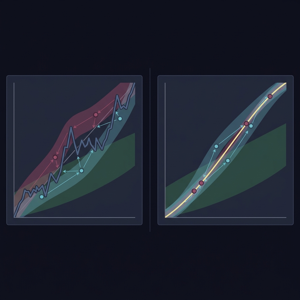 Side by side 2D vector comparison of raw and recalibrated calibration curves with color coded Brier decomposition overlays showing reliability resolution uncertainty How Calibration Improves Sports Forecasts
