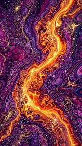 Abstract Fluid Marble Art with Vibrant Purple, Orange, and Gold Swirls