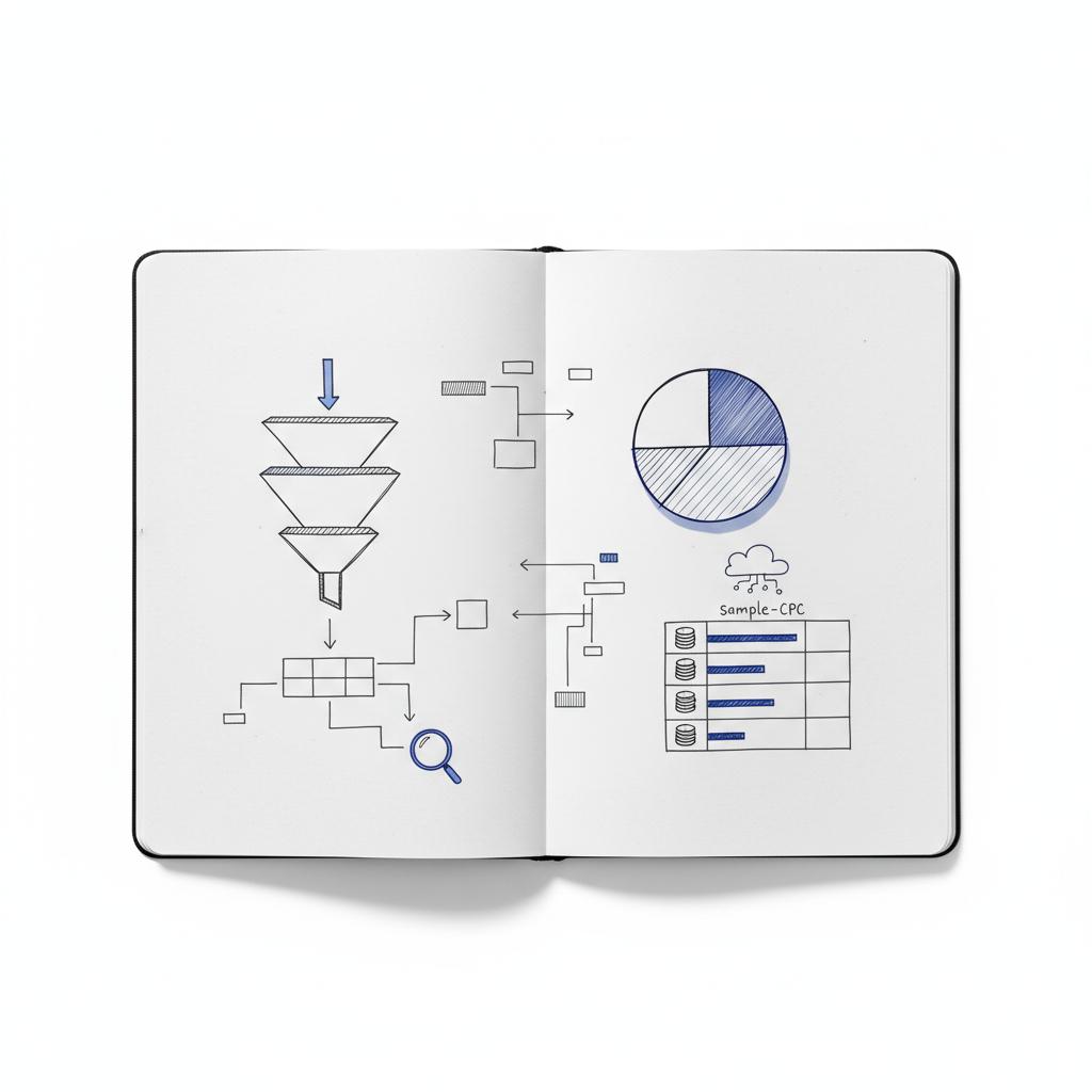 Top-down notebook sketch of a conversion funnel, channel-mix pie chart and a small visual CPC table in Agency Visible ink and blue accents on a white background &mdash; pay-per-click
