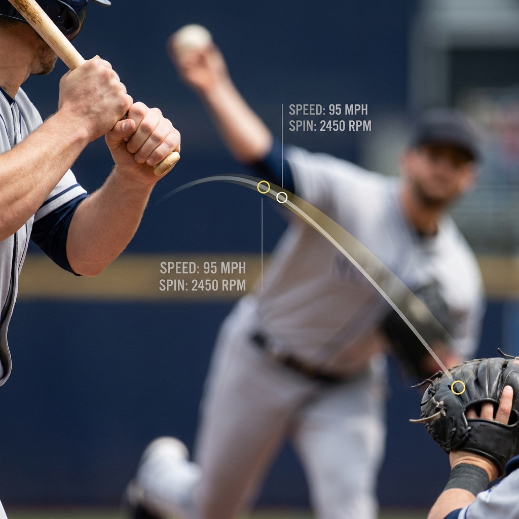 Close up batter facing pitcher with overlaid pitch tracking graphic showing glove side movement and trajectory illustrating How Platoon Splits Affect Matchups