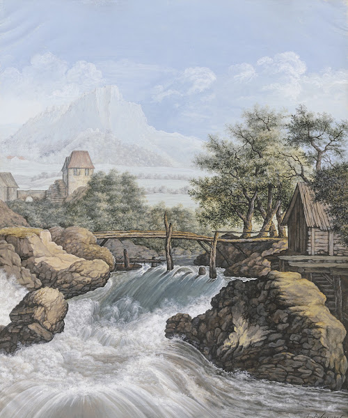 Ein reißender Bach mit einer Brücke und Blick in ein Tal