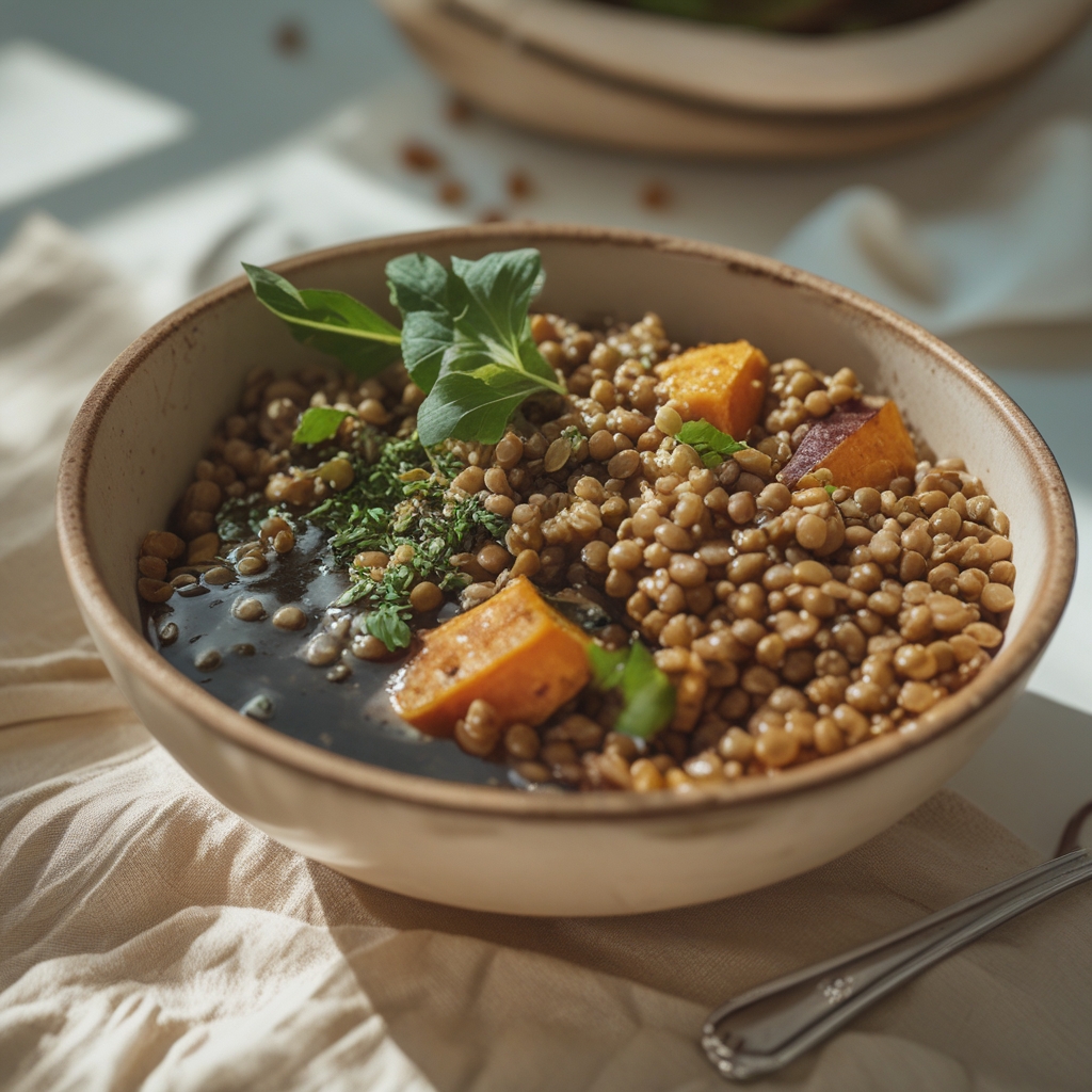 Mediterranean Lentil Power Bowl with Roasted Sweet Potato & Creamy Tahini