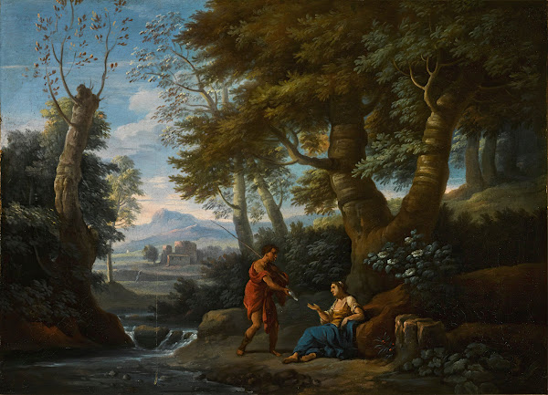 Landscape with a fisherman and a female figure by a river