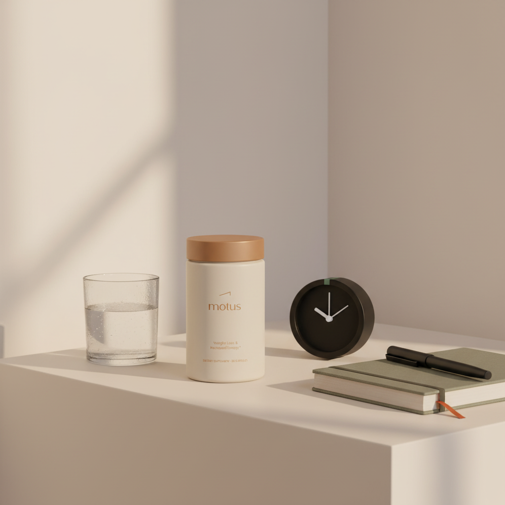 Morning bedside scene with Tonum Motus supplement jar on a small table beside an alarm clock and linen journal, conveying routine and balance — 4 pillars of health