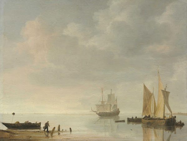 Coastal Scene With Ships Resting On Calm Waters