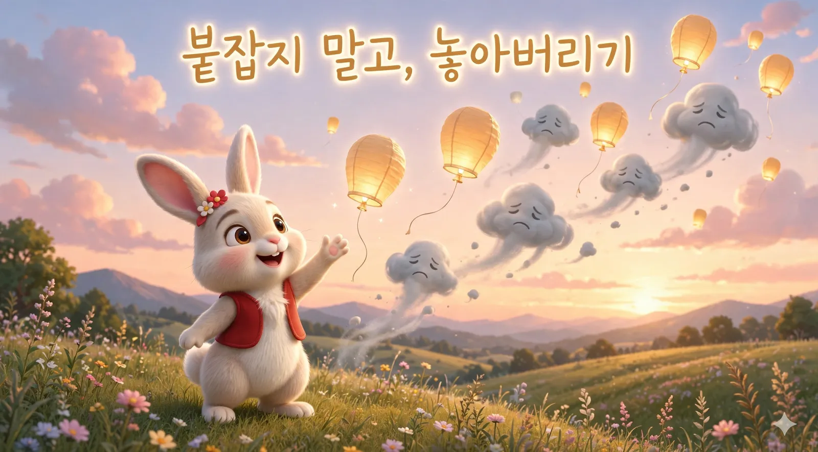 노을 아래 걱정을 날려보내는 토끼 — 붙잡지 말고 놓아버리기