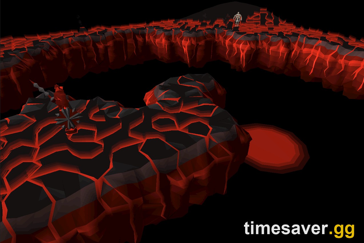 Overhead view of the Inferno arena in OSRS with its pillars and surrounding lava