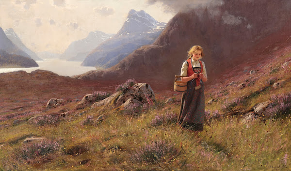 A girl knitting in a Norwegian landscape