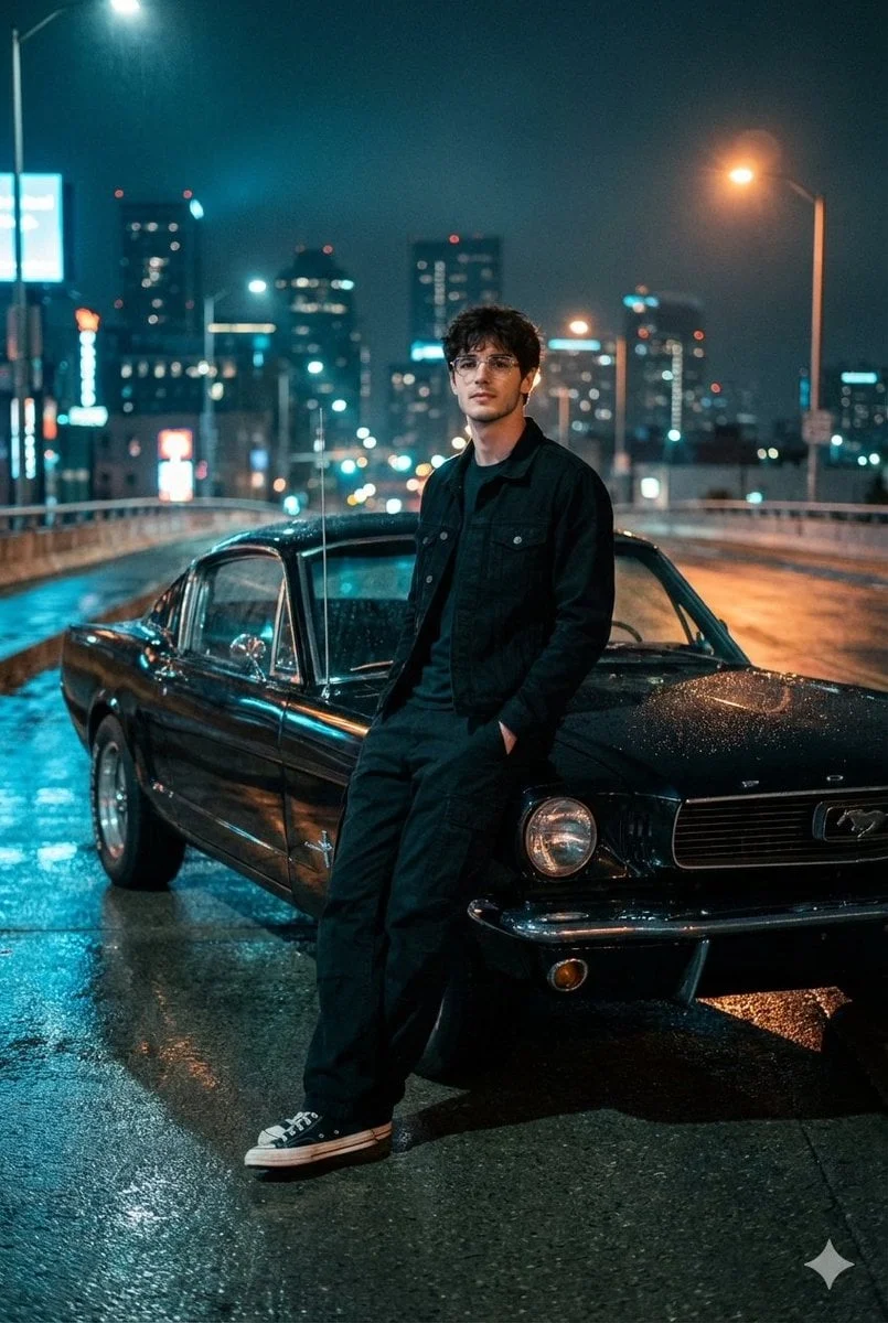 Una fotografía nocturna con aires cinematográficos tomada desde un paso elevado urbano con poca luz, con vistas al horizonte de la ciudad.