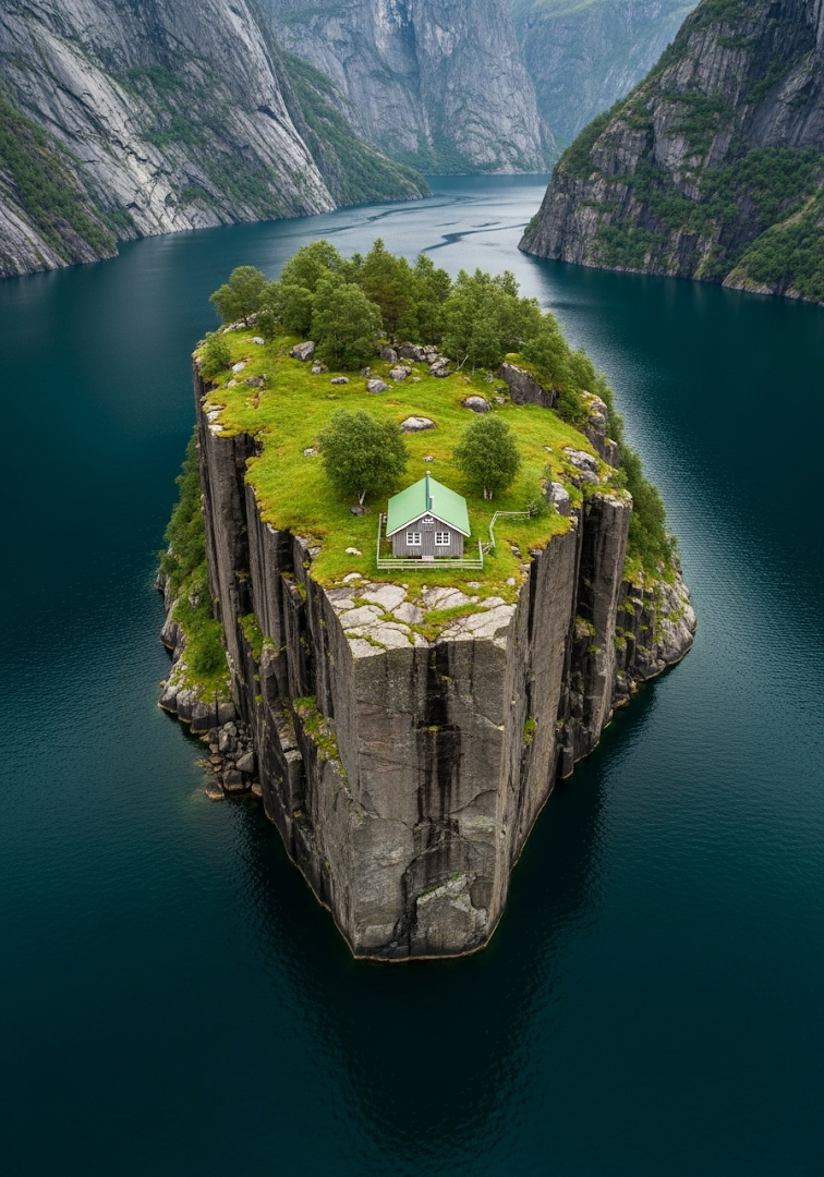 Isolated Cabin Island Fjord Dramatic Aerial View