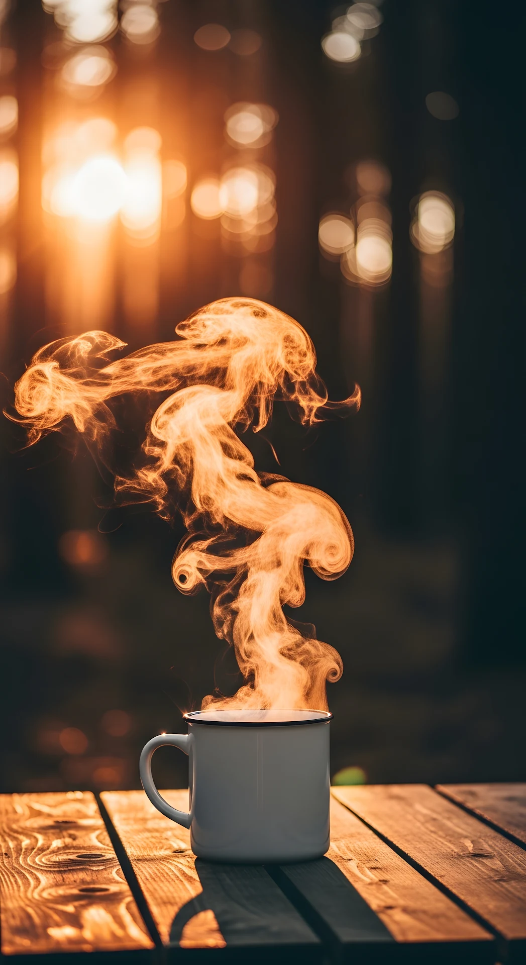 Fiery Steam Mug Golden Hour Forest Camping - Free 4K mobile Wallpaper