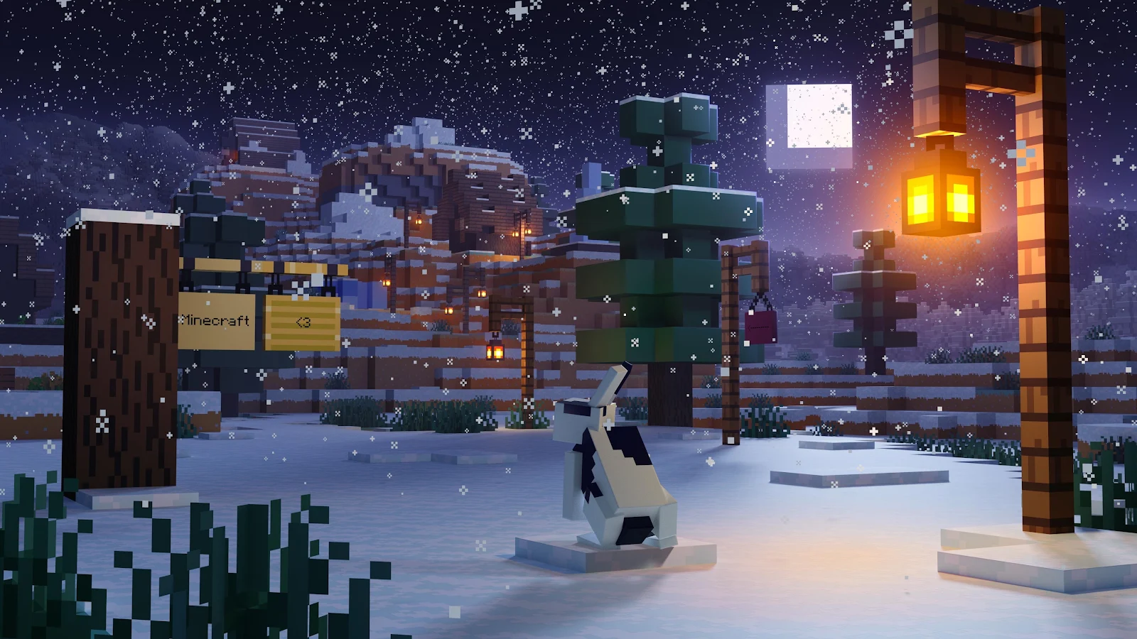 Minecraft Winter Night Scene - 3D Game Render 4K Wallpaper (3840x2160)