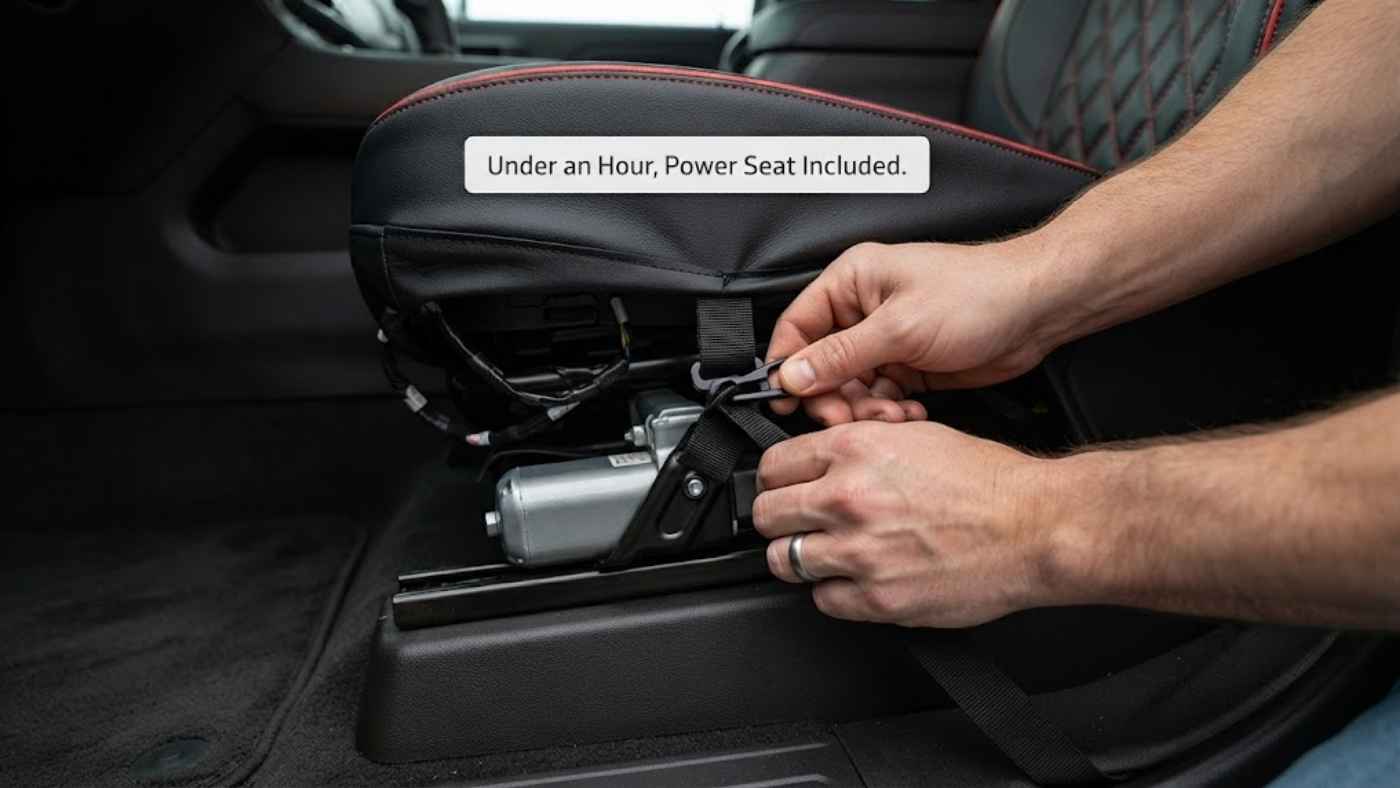 Eco-leather seat cover fitted over the power-adjustable front seat of a 2027 Chevrolet Silverado 1500 LTZ