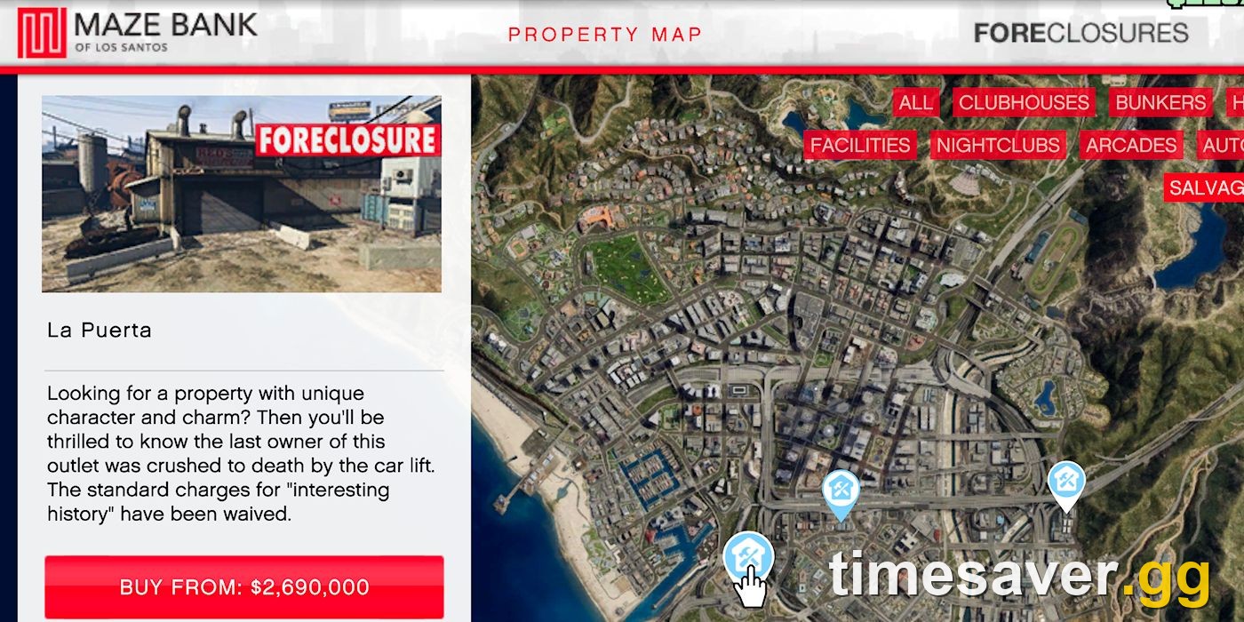 The Maze Bank Foreclosures property map in GTA Online showing the La Puerta Salvage Yard listed at GTA$2,690,000