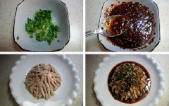 Ngò rí cắt nhỏ, tỏi băm vào chén. Thêm giấm, 1 muỗng cà phê nước tương, dầu ớt vào khuấy đều. Xé thịt gà thành những miếng nhỏ.