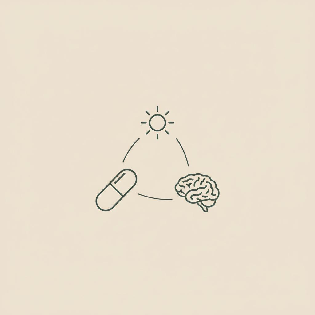 Minimalist vector line illustration of a capsule, stylized vitamin D sun, and small brain connected by thin lines on beige background — vitamin D dementia risk