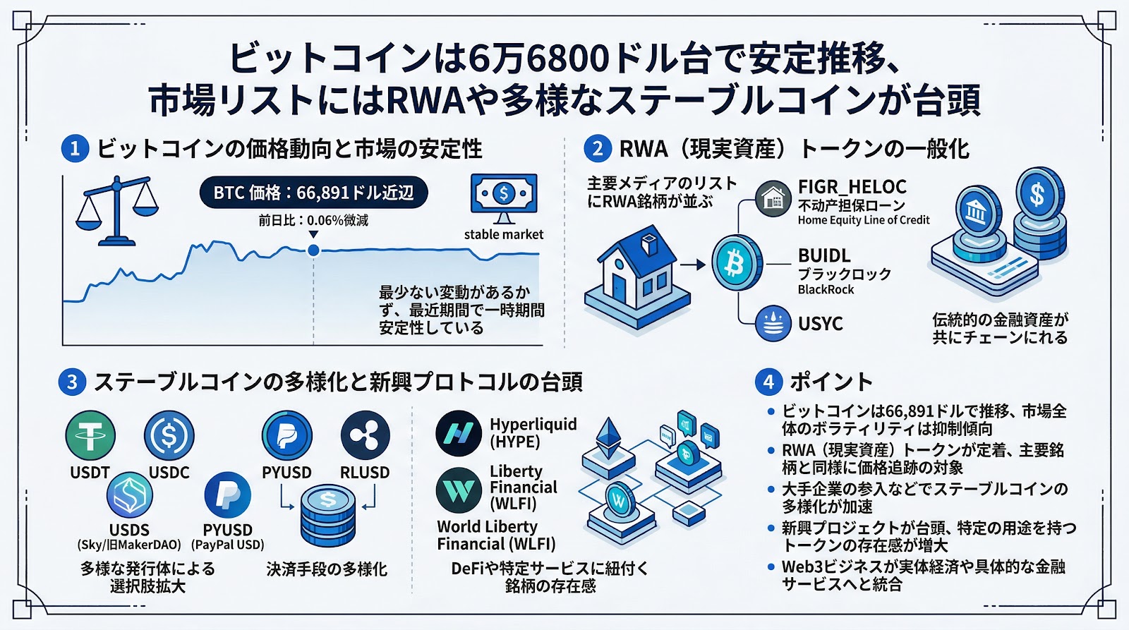 ビットコインは6万6800ドル台で安定推移、市場リストにはRWAや多様なステーブルコインが台頭