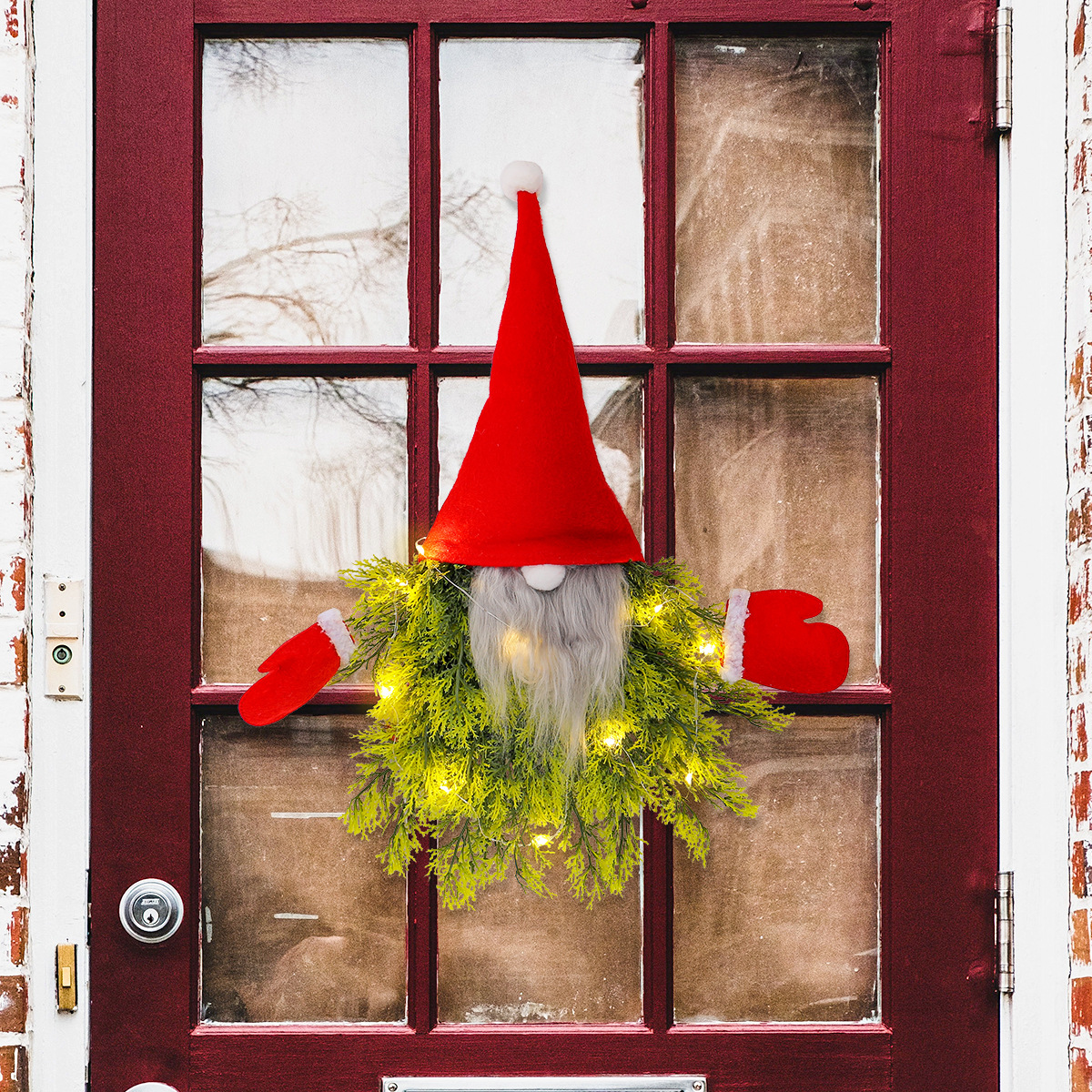 Christmas door wreath with gnome motif and lighting