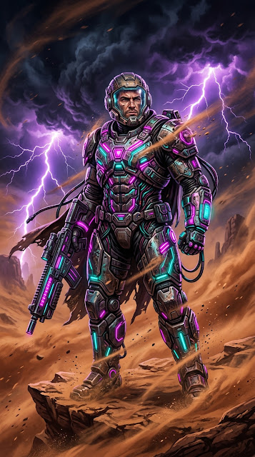 Sci-Fi Soldier in Neon Pink and Teal Armor in Desert Storm - Free mobile Wallpaper