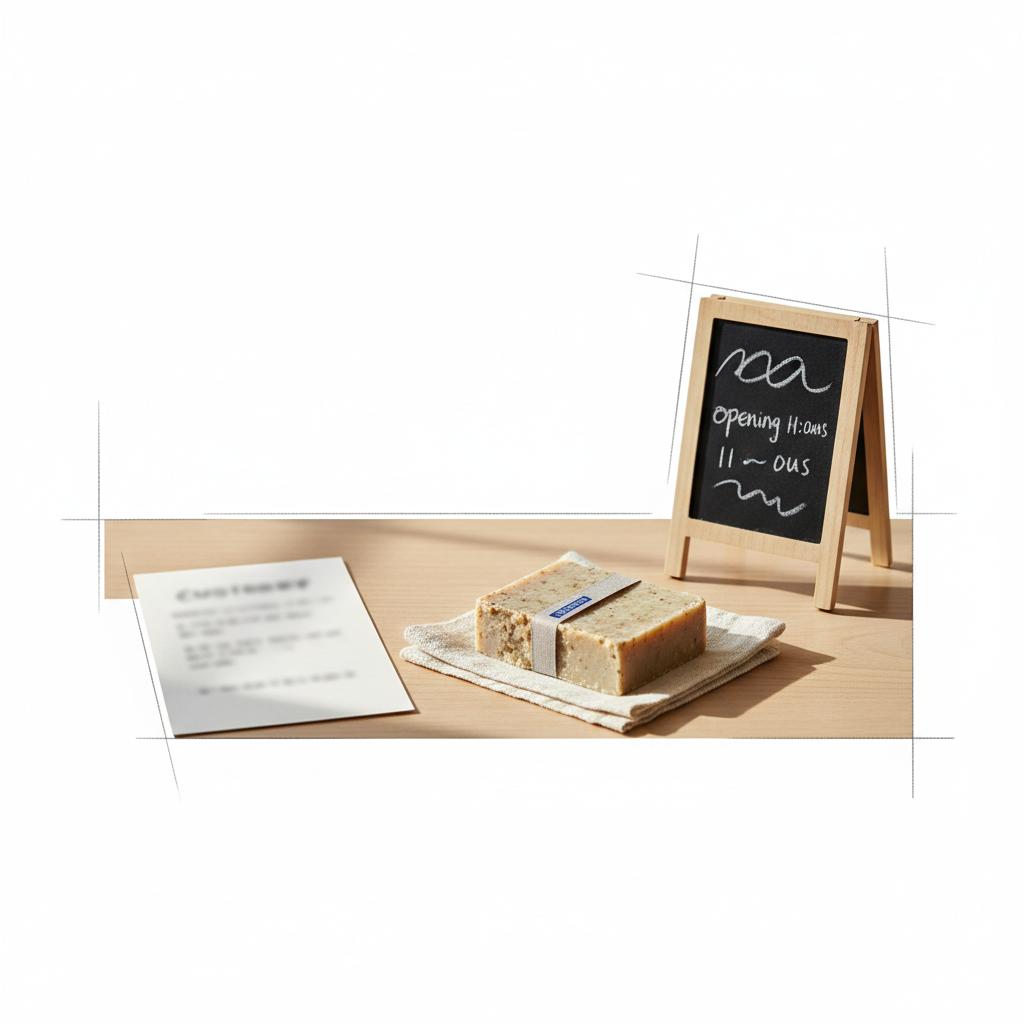 Minimalist close-up still life of a shop counter showing a printed customer note (no readable text), a small product, and a chalkboard with implied hours, accent ribbon #1a5bfb &mdash; Does HomeAdvisor charge a fee