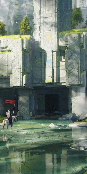 Fantasy Landscape, Waterfall, Knight, Concept Art 4K Wallpaper Background