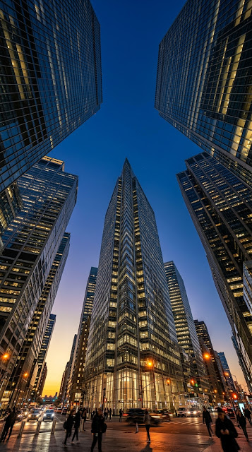 Awe-Inspiring Cityscape at Twilight from the Base of Skyscrapers - Free mobile Wallpaper