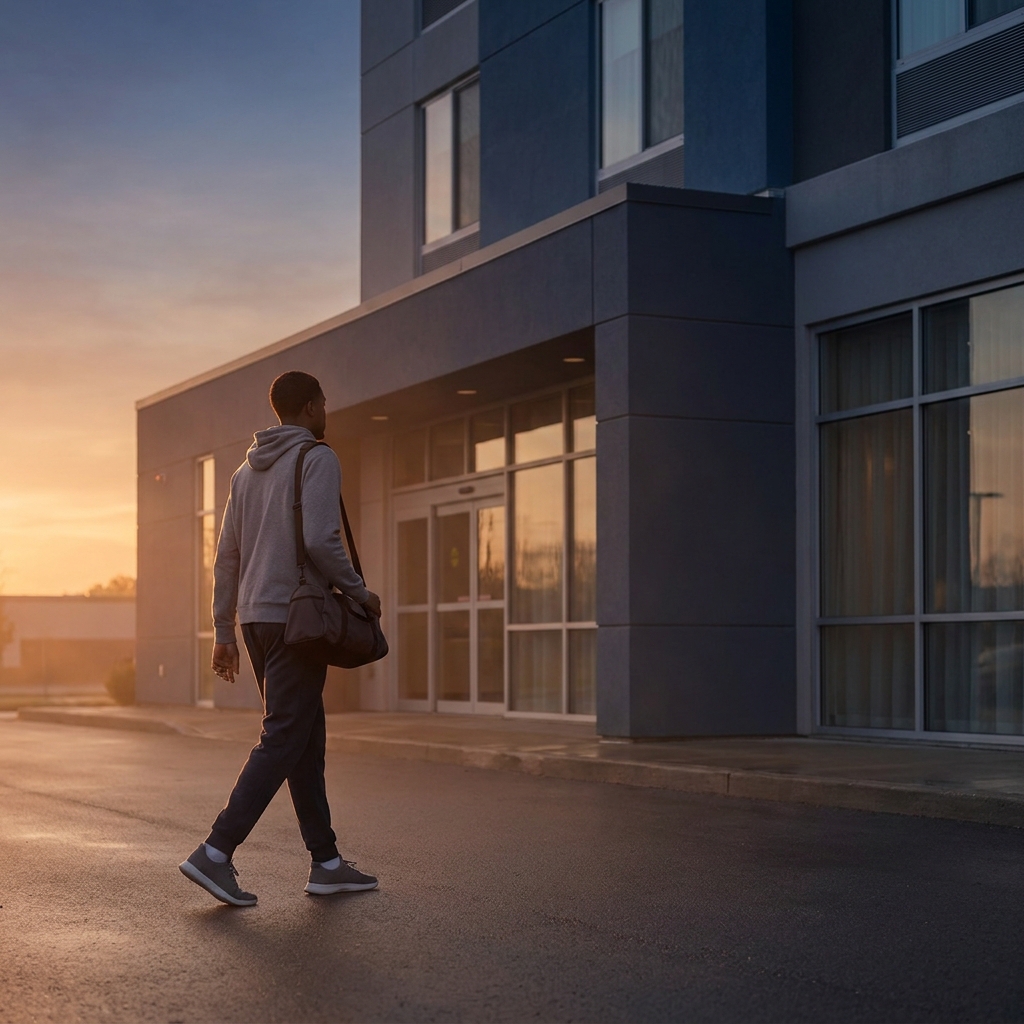College basketball player doing a sunrise light exposure walk near a hotel demonstrating deliberate morning adaptation and travel routine How Travel Affects College Basketball Teams