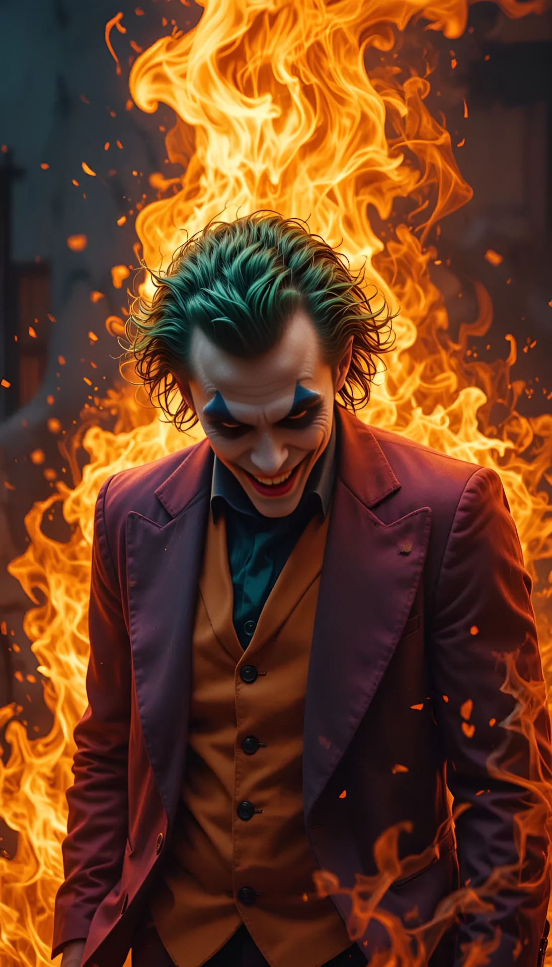 Joker Villain Portrait Smiling Maniacally Against Intense Fire - Free 4K mobile Wallpaper