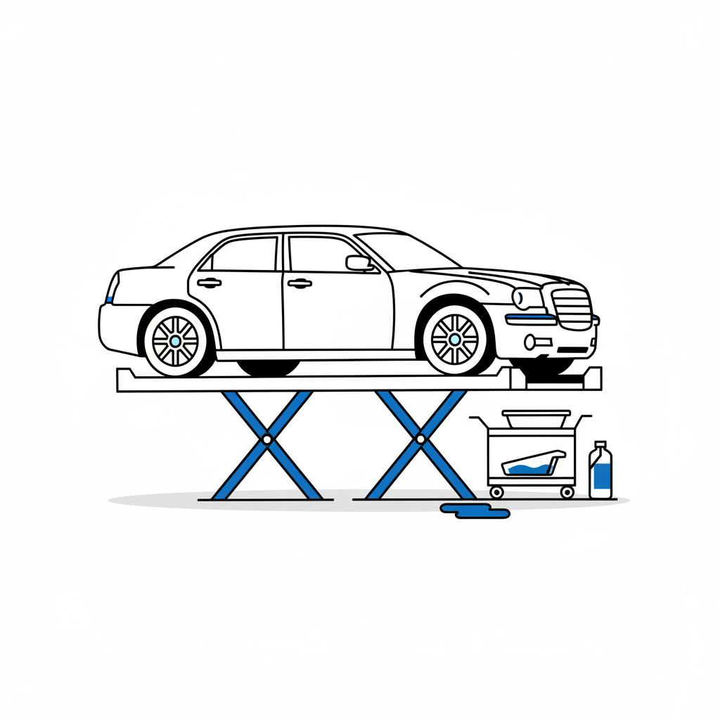 Minimal vector illustration of a chrysler 300 for sale on a lift with an open transmission pan and fluid bottle beside it on a clean white background with blue brand accents
