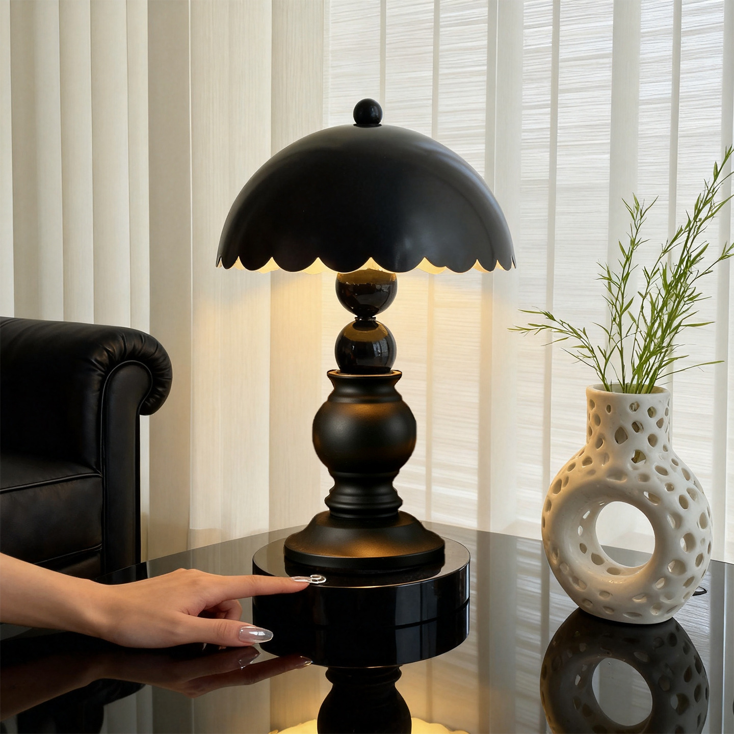 Black table lamp with column design, touch control