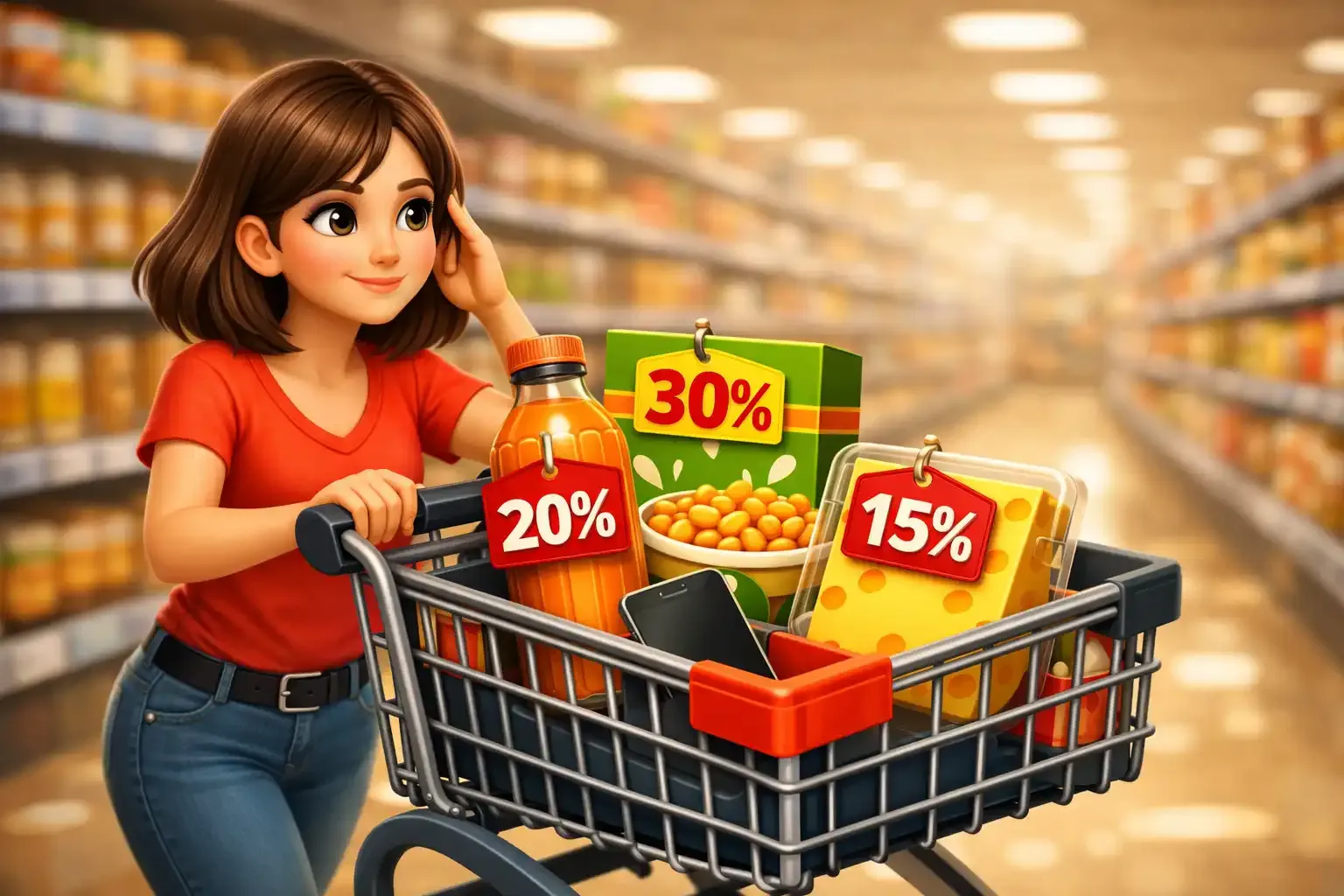 Una señora en el supermercado intenta calcular mentalmente los descuetos obtenidos sin darse cuenta que tiene el celular en el chango de compras.
