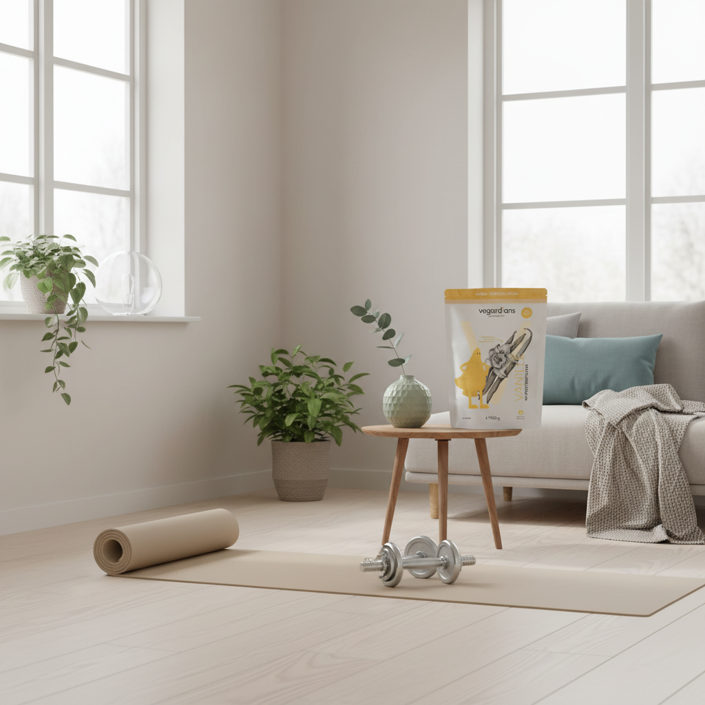 Minimalistische Heim-Workout-Ecke mit Yogamatte, Hanteln und Vegardians-Produkt im skandinavischen Wohnzimmer, winterliches Licht durch Fenster — Intra-Workout